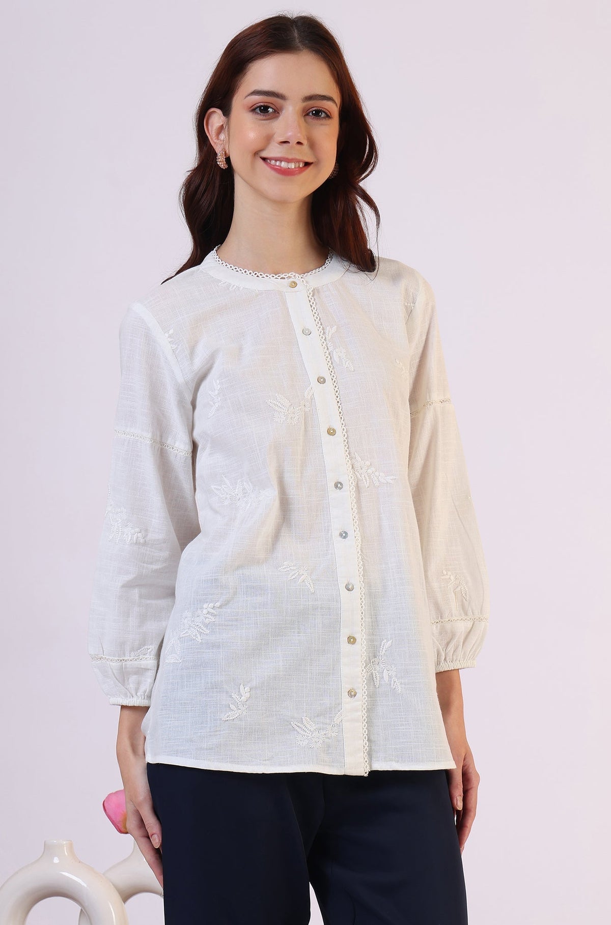 W for Woman White Embroidered Pure Cotton Button Down Shirt | Grocsy