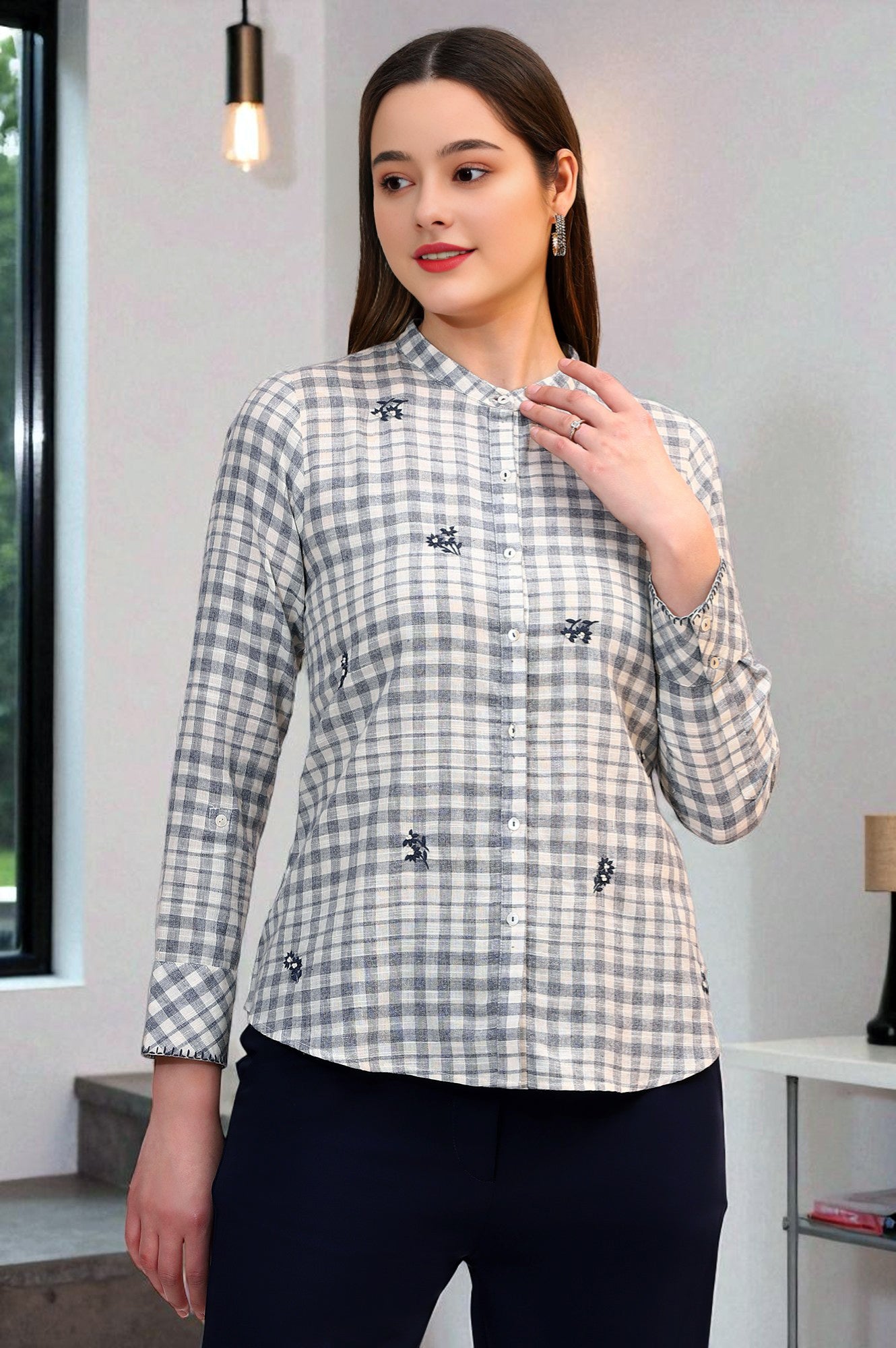 W for Woman Off-White and Blue Checker Thread Embroidered Cotton Flax Shirt | Grocsy