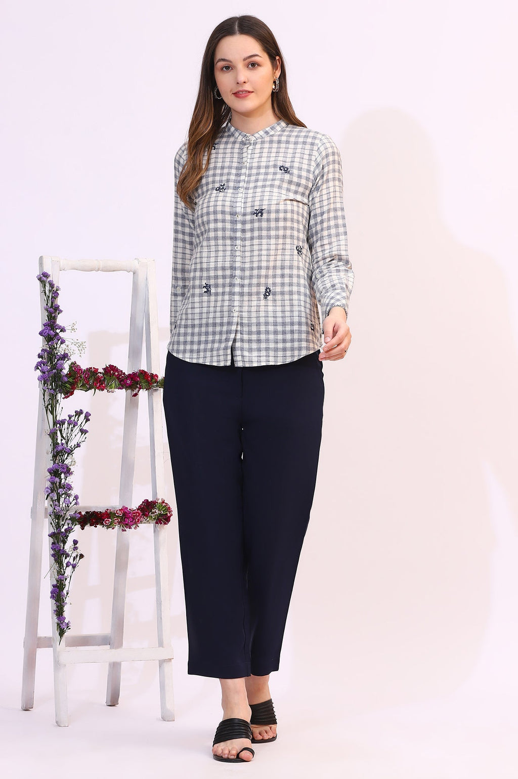 W for Woman Off-White and Blue Checker Thread Embroidered Cotton Flax Shirt | Grocsy