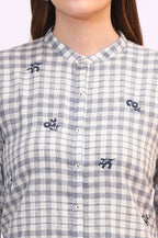 W for Woman Off-White and Blue Checker Thread Embroidered Cotton Flax Shirt | Grocsy