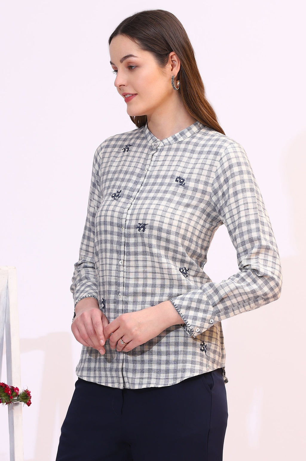 W for Woman Off-White and Blue Checker Thread Embroidered Cotton Flax Shirt | Grocsy