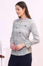 W for Woman Off-White and Blue Checker Thread Embroidered Cotton Flax Shirt | Grocsy