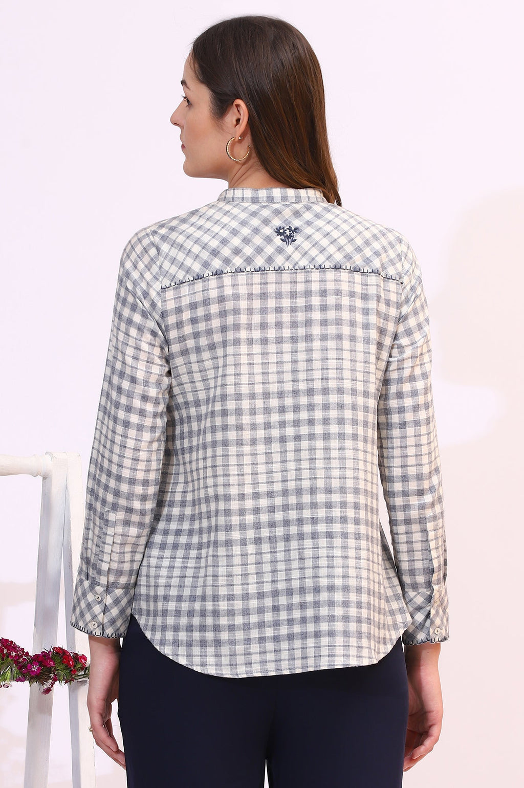 W for Woman Off-White and Blue Checker Thread Embroidered Cotton Flax Shirt | Grocsy