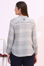 W for Woman Off-White and Blue Checker Thread Embroidered Cotton Flax Shirt | Grocsy