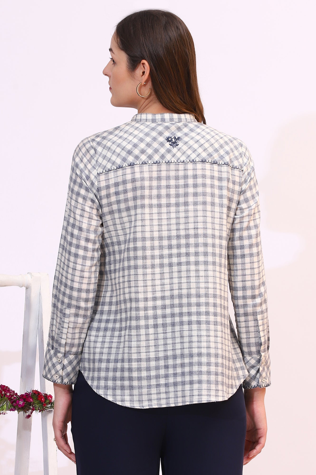 W for Woman Off-White and Blue Checker Thread Embroidered Cotton Flax Shirt | Grocsy