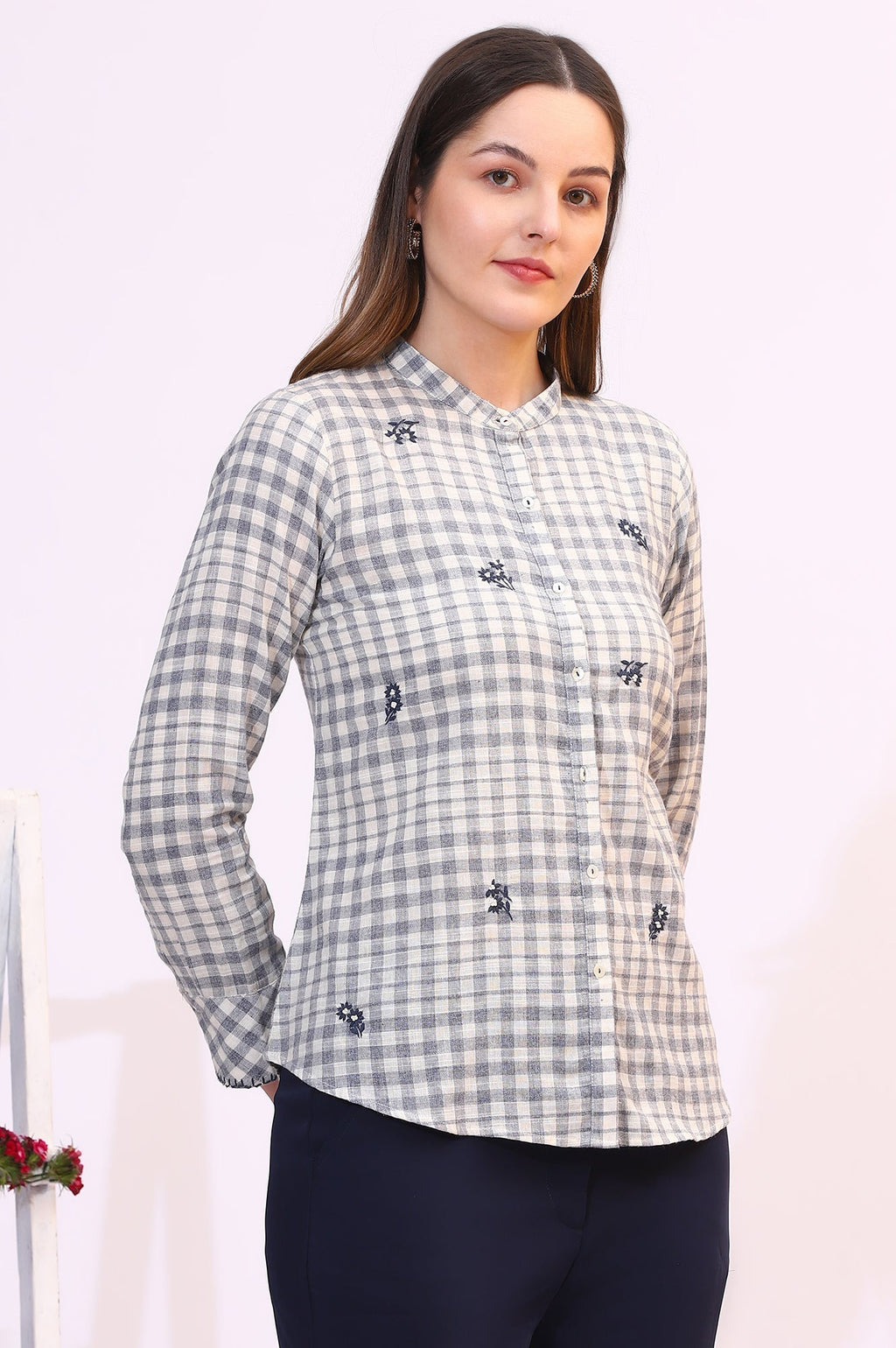W for Woman Off-White and Blue Checker Thread Embroidered Cotton Flax Shirt | Grocsy
