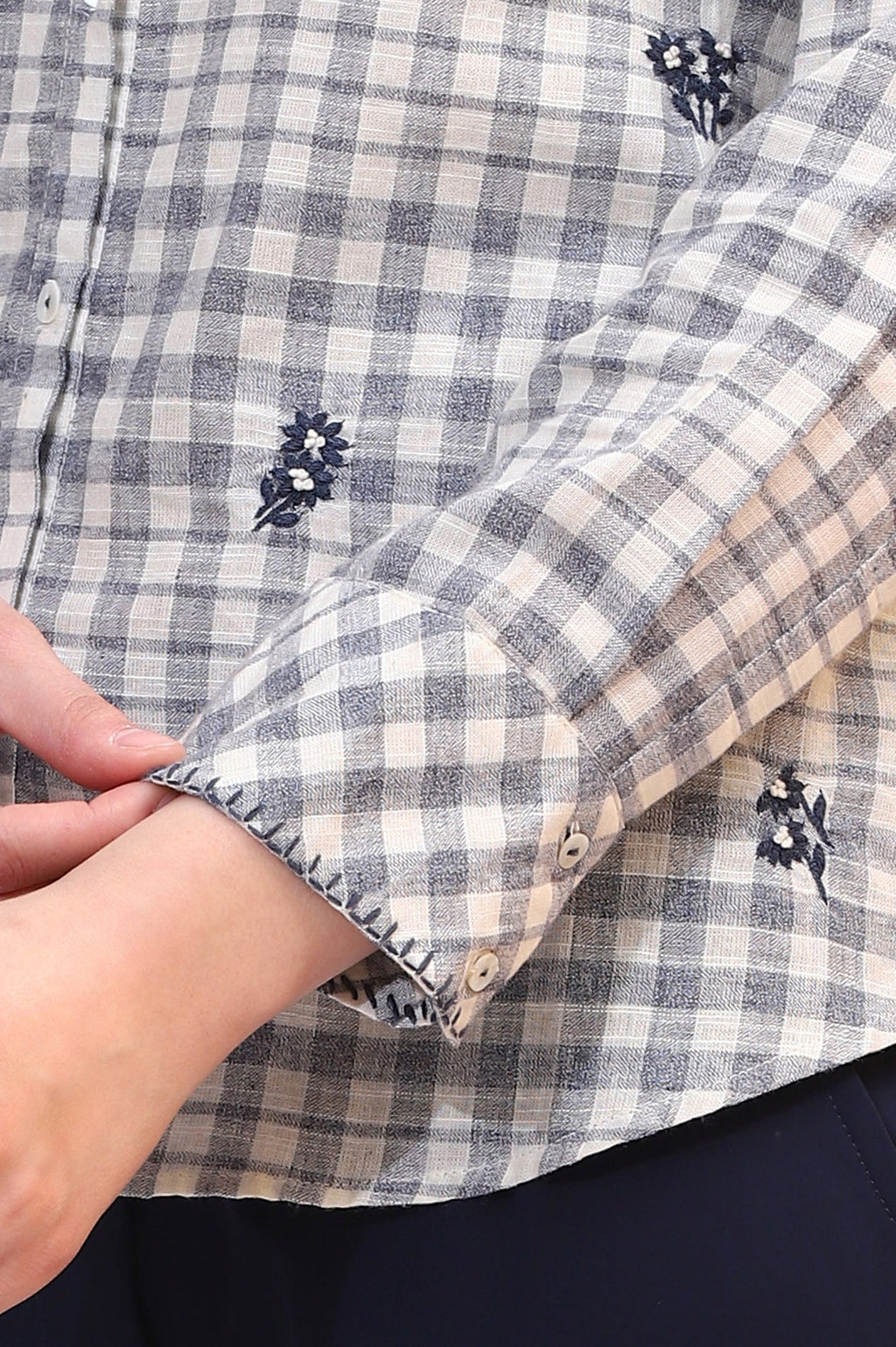 W for Woman Off-White and Blue Checker Thread Embroidered Cotton Flax Shirt | Grocsy