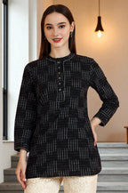 W for Woman Black Ikkat Yarn Dyed Pure Cotton Straight Tunic | Grocsy