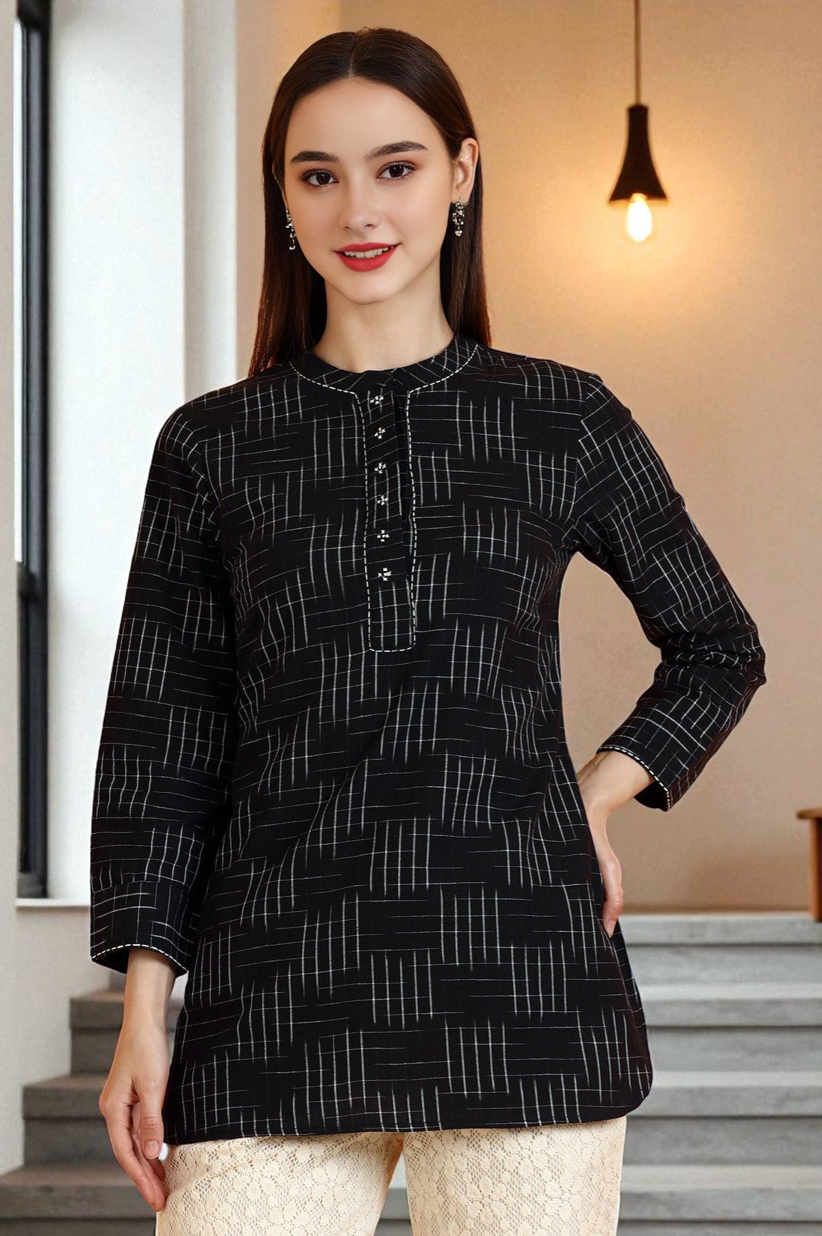 W for Woman Black Ikkat Yarn Dyed Pure Cotton Straight Tunic | Grocsy