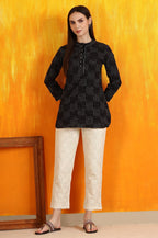 W for Woman Black Ikkat Yarn Dyed Pure Cotton Straight Tunic | Grocsy