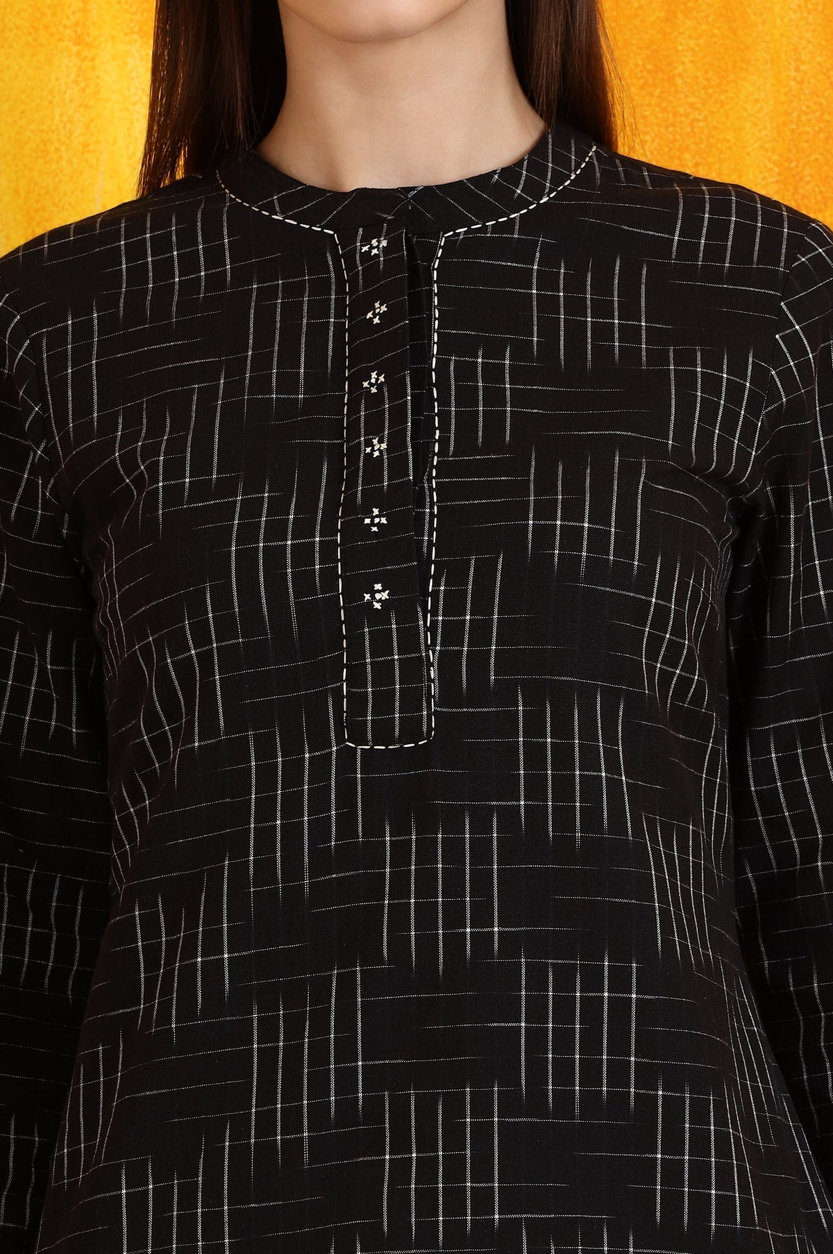 W for Woman Black Ikkat Yarn Dyed Pure Cotton Straight Tunic | Grocsy