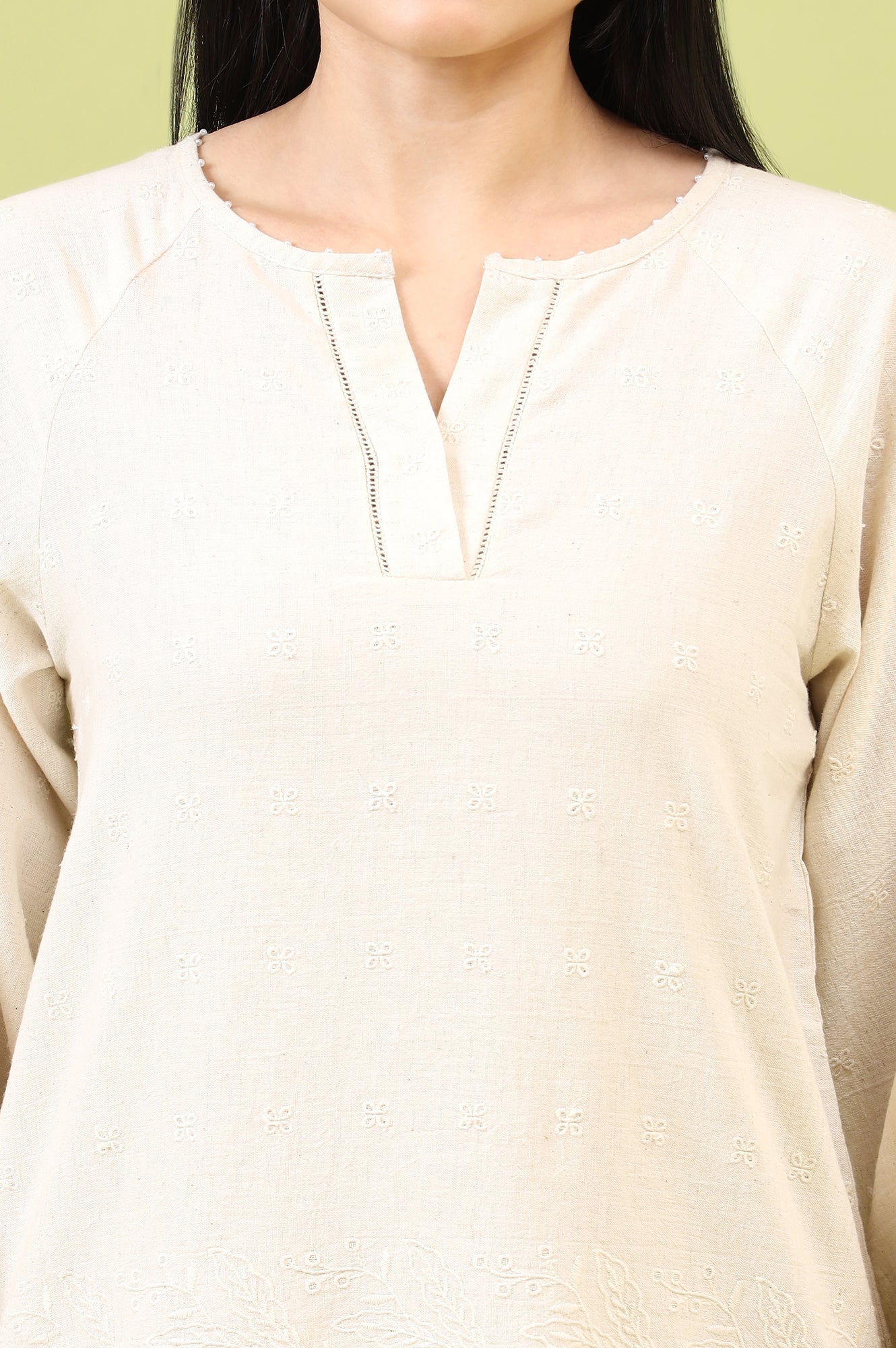 W for Woman Off-Whie Schiffli Embroidered Fusion Top with Lace Detail | Grocsy
