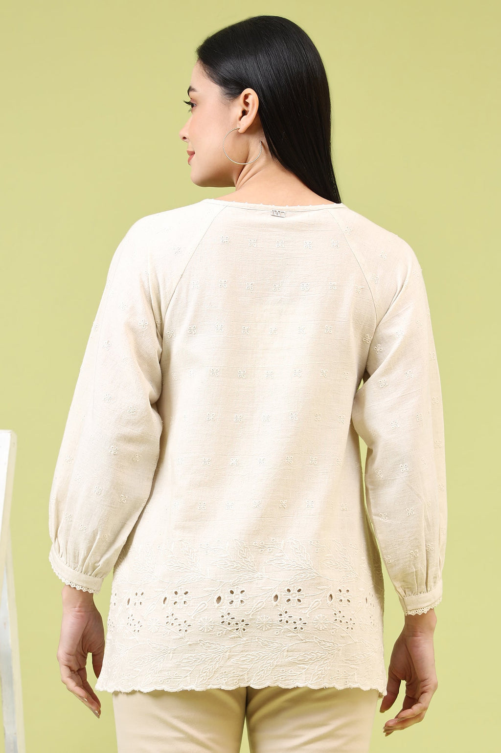 W for Woman Off-Whie Schiffli Embroidered Fusion Top with Lace Detail | Grocsy