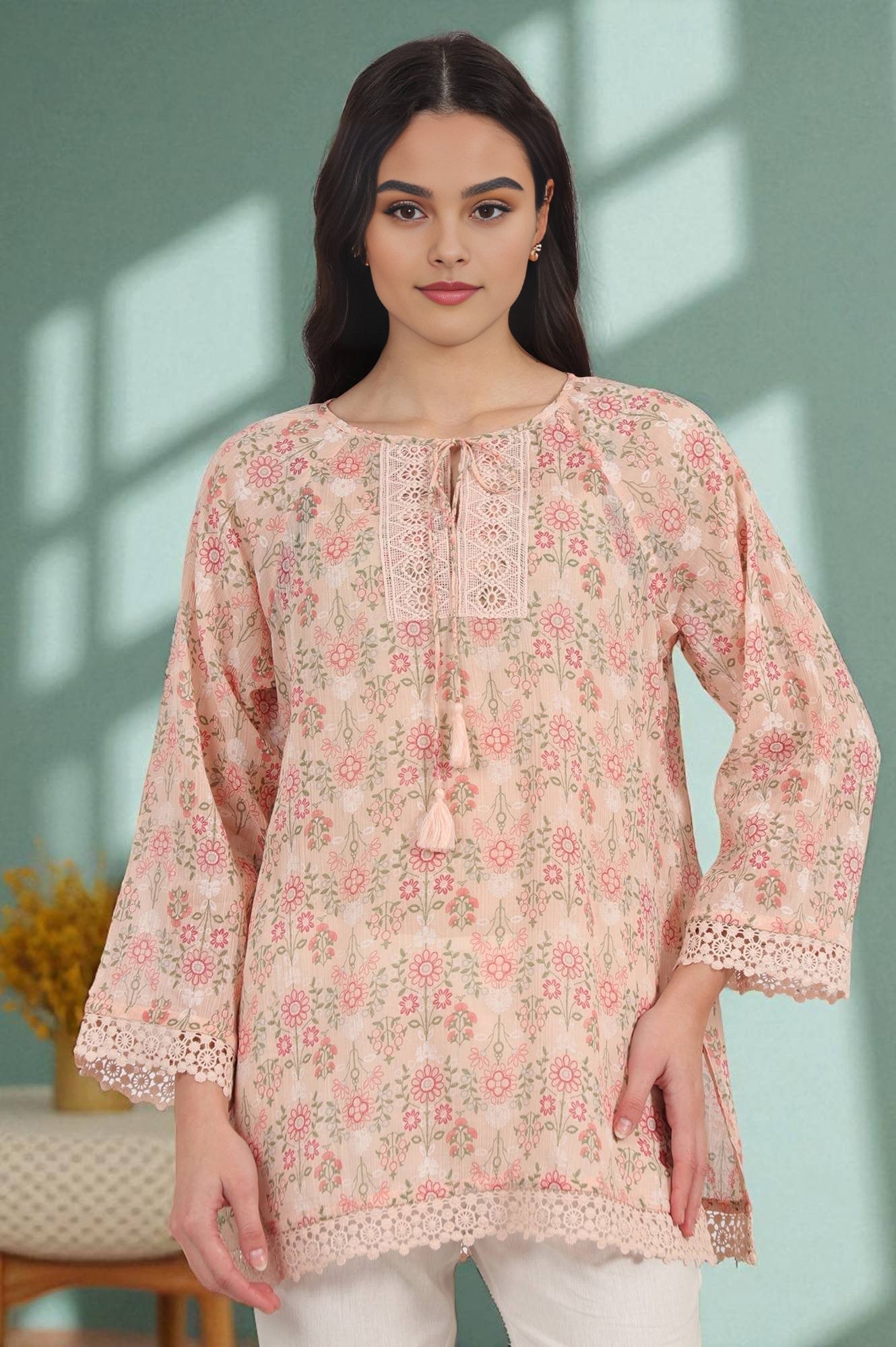 W for Woman Pink Printed Cotton Crepe Top with Crochet Lace | Grocsy