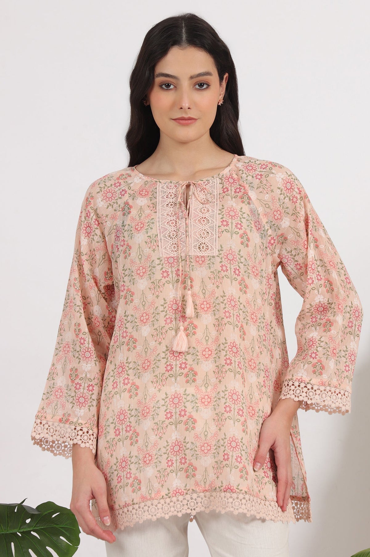 W for Woman Pink Printed Cotton Crepe Top with Crochet Lace | Grocsy