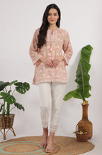 W for Woman Pink Printed Cotton Crepe Top with Crochet Lace | Grocsy