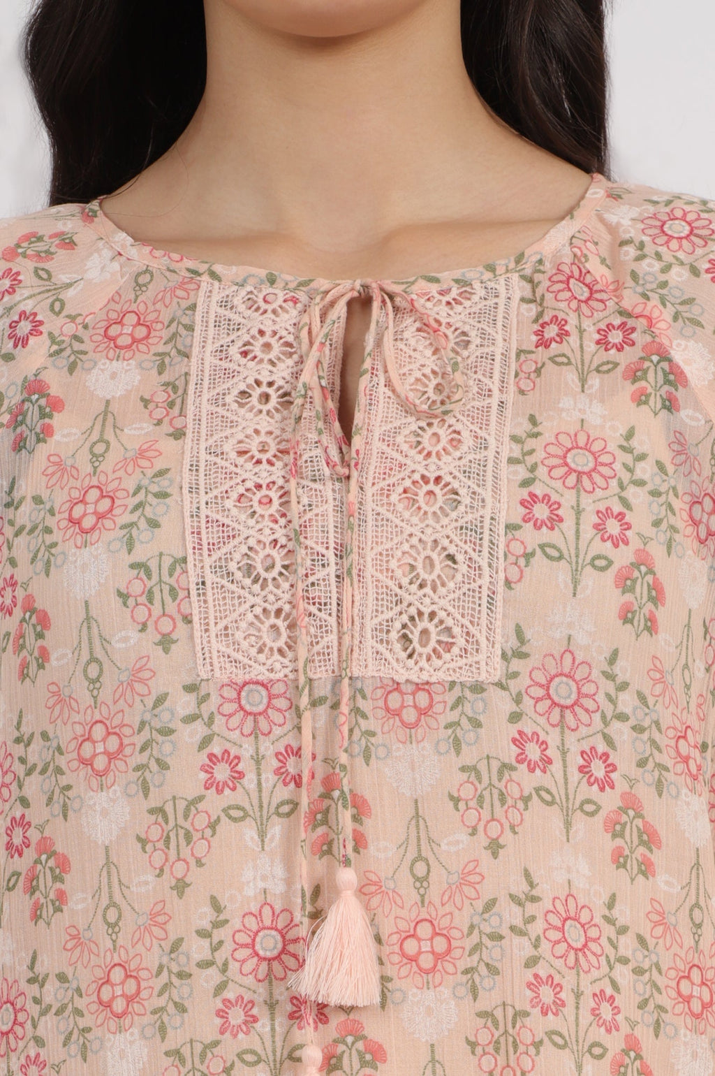 W for Woman Pink Printed Cotton Crepe Top with Crochet Lace | Grocsy