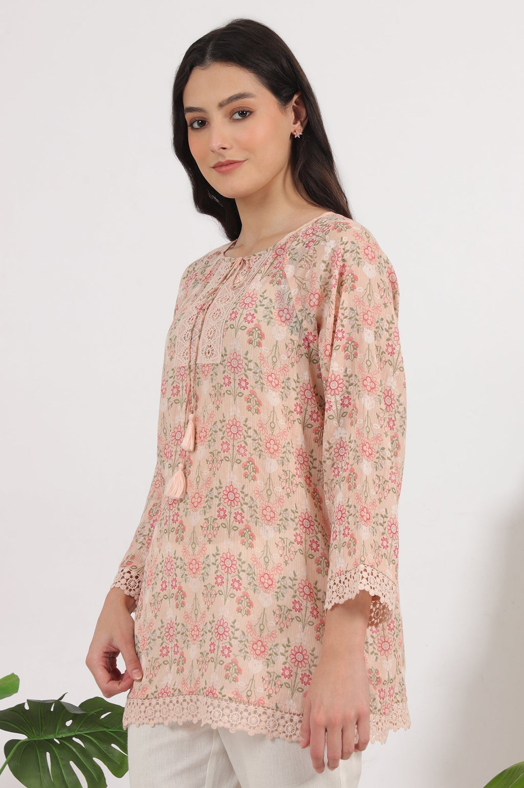 W for Woman Pink Printed Cotton Crepe Top with Crochet Lace | Grocsy