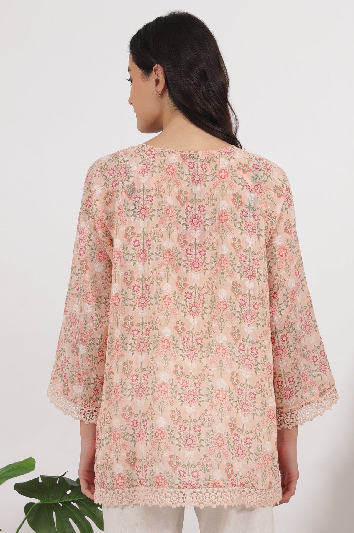 W for Woman Pink Printed Cotton Crepe Top with Crochet Lace | Grocsy