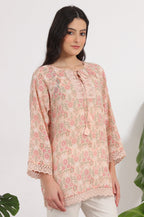 W for Woman Pink Printed Cotton Crepe Top with Crochet Lace | Grocsy