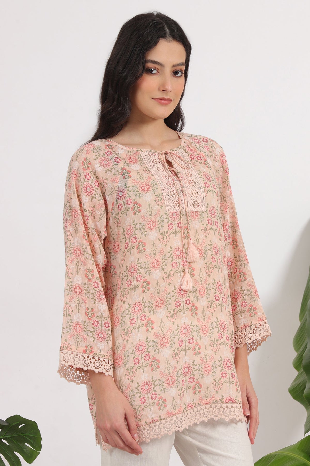 W for Woman Pink Printed Cotton Crepe Top with Crochet Lace | Grocsy
