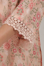 W for Woman Pink Printed Cotton Crepe Top with Crochet Lace | Grocsy