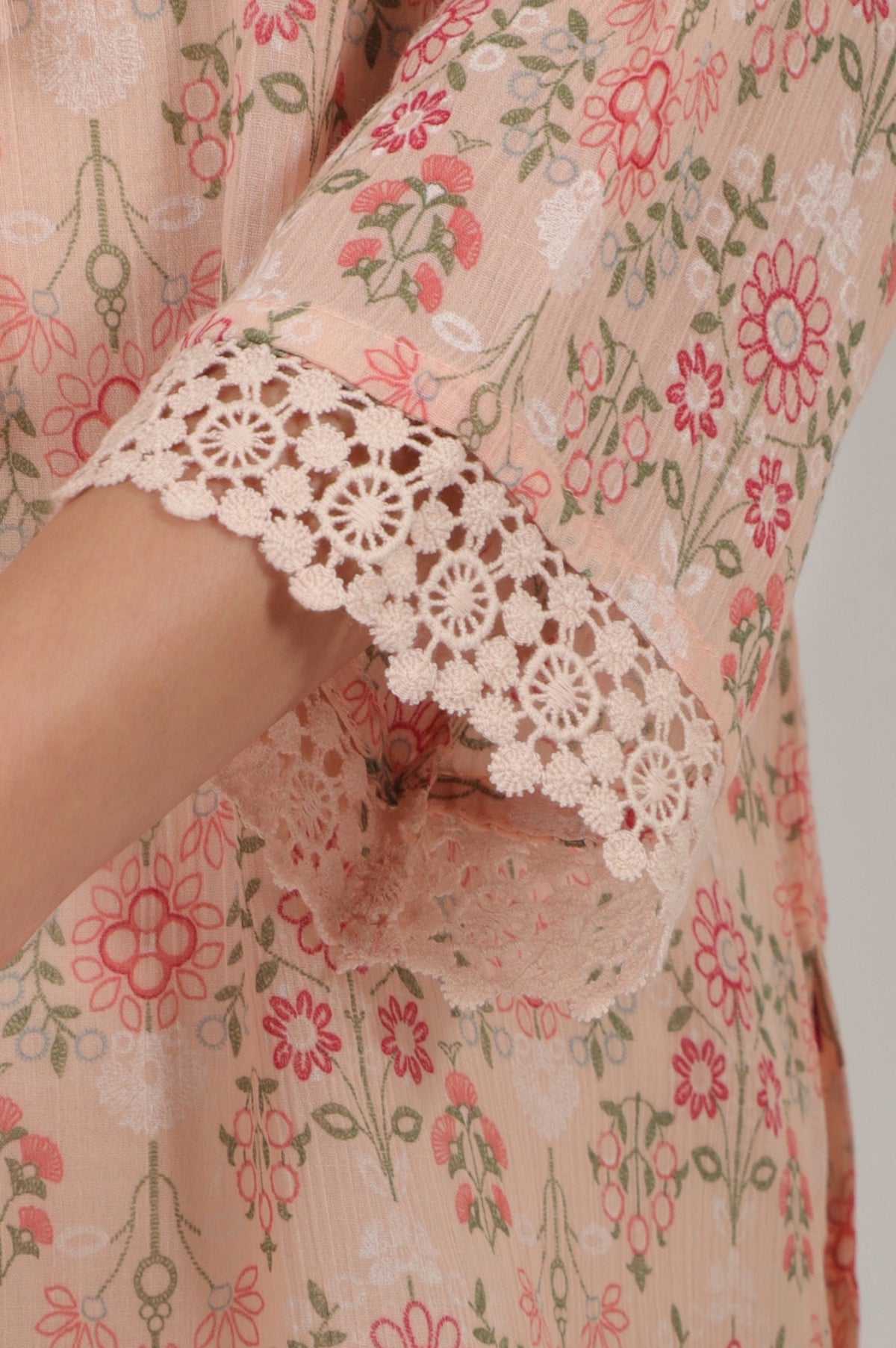 W for Woman Pink Printed Cotton Crepe Top with Crochet Lace | Grocsy