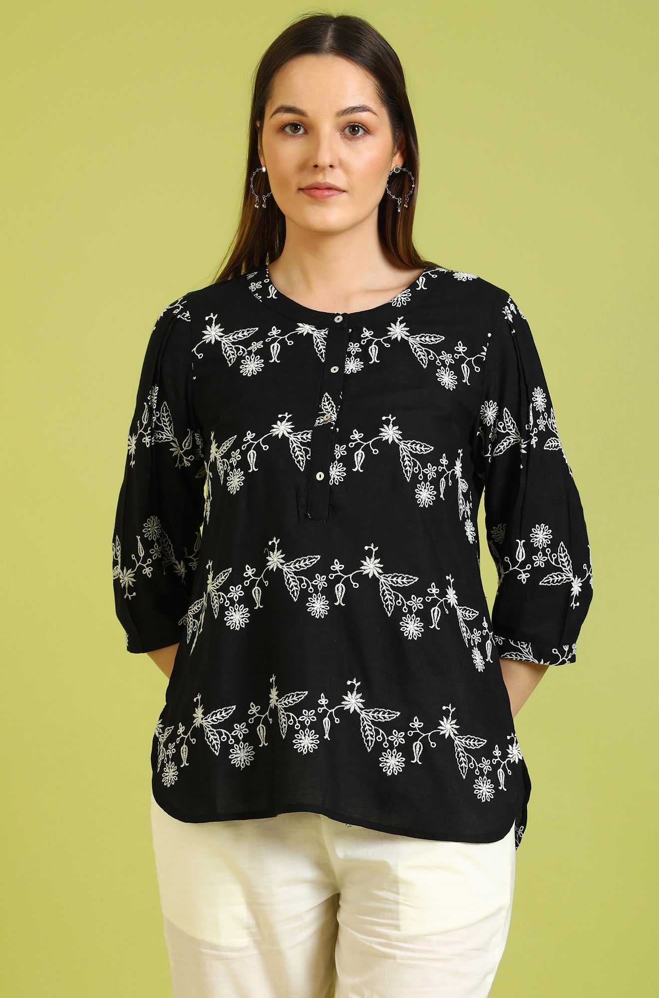W for Woman Black Embroidered Straight Rayon Top | Grocsy