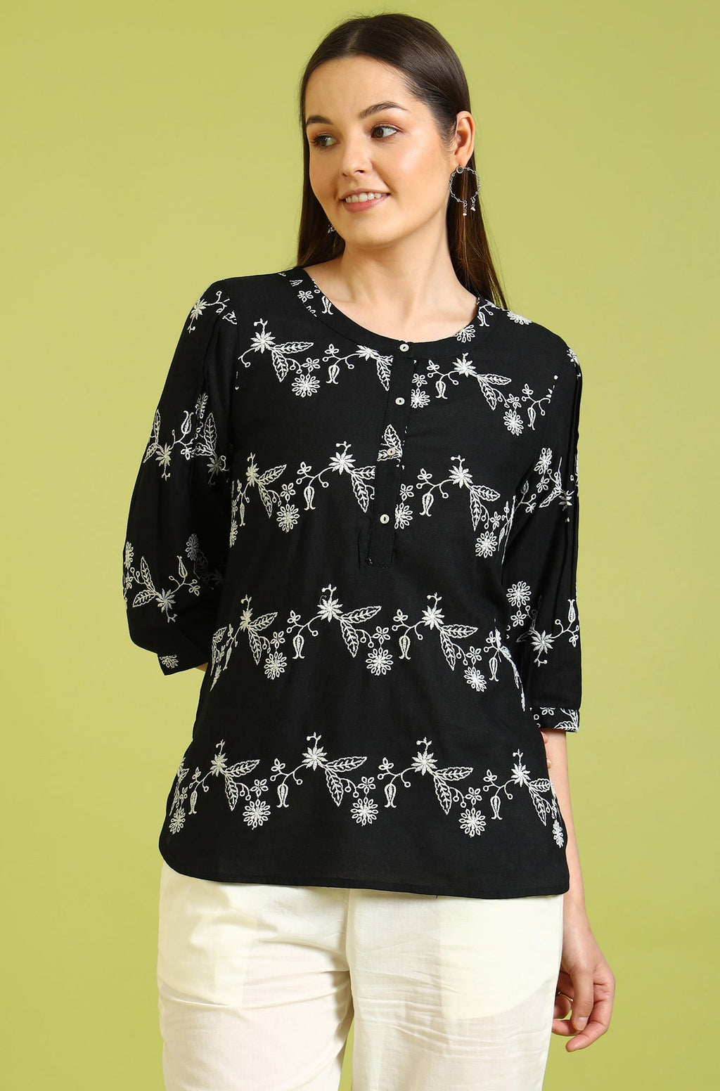 W for Woman Black Embroidered Straight Rayon Top | Grocsy