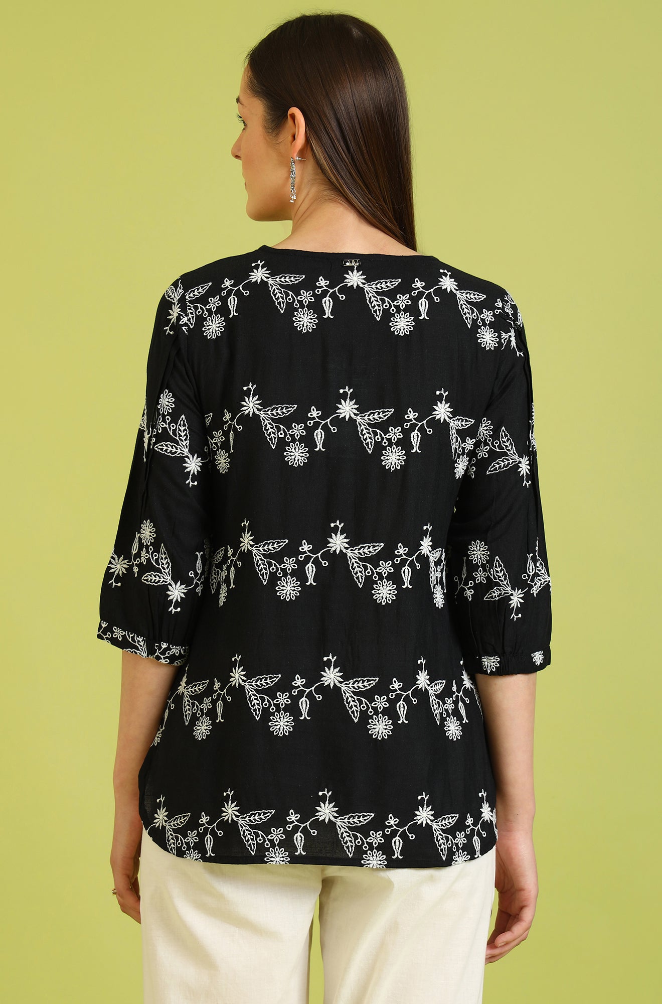 W for Woman Black Embroidered Straight Rayon Top | Grocsy