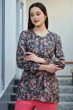 W for Woman Slate Grey Floral Printed Modal Relaxed Fit Top | Grocsy