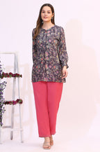 W for Woman Slate Grey Floral Printed Modal Relaxed Fit Top | Grocsy