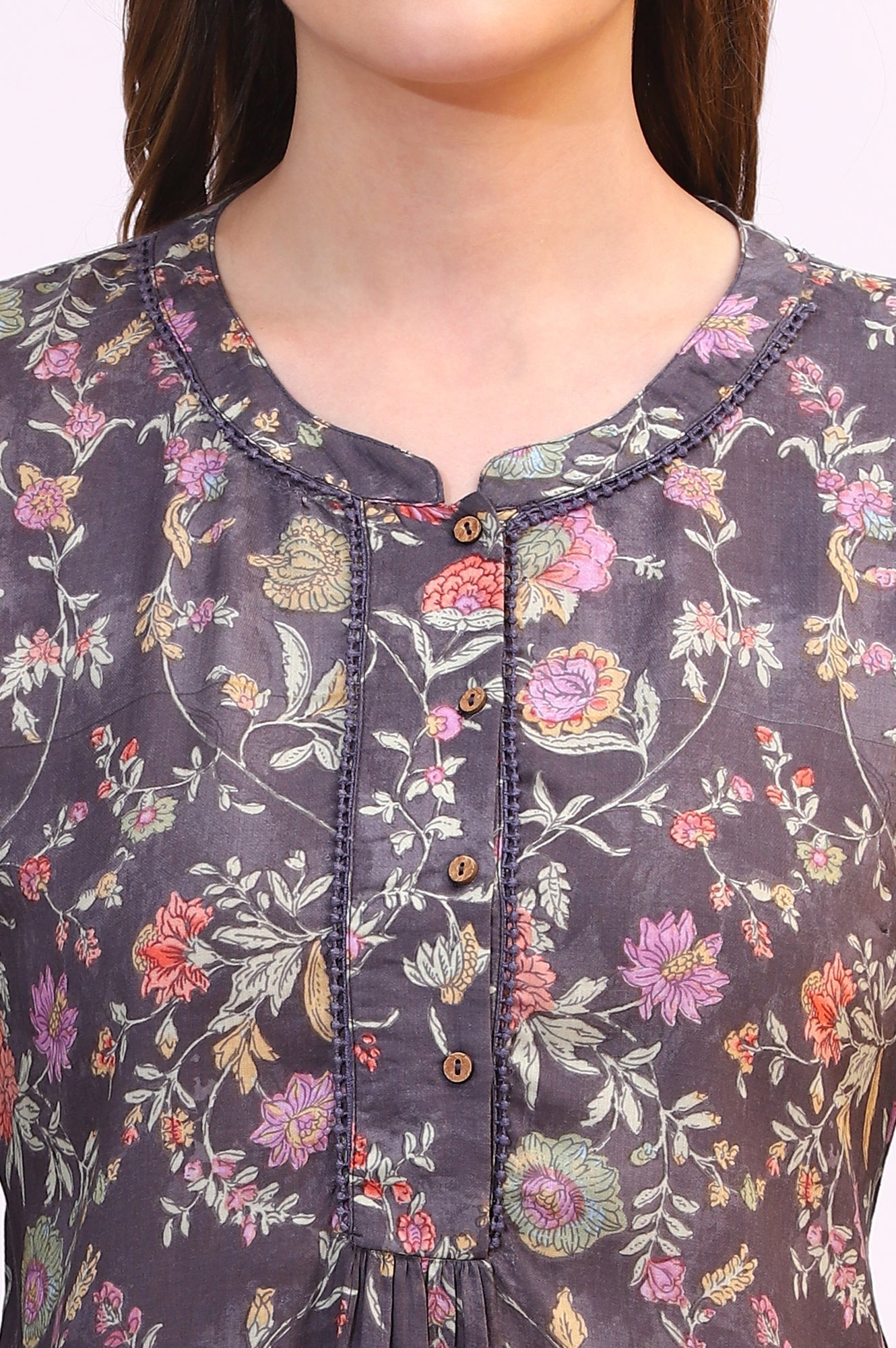 W for Woman Slate Grey Floral Printed Modal Relaxed Fit Top | Grocsy