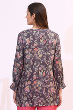 W for Woman Slate Grey Floral Printed Modal Relaxed Fit Top | Grocsy