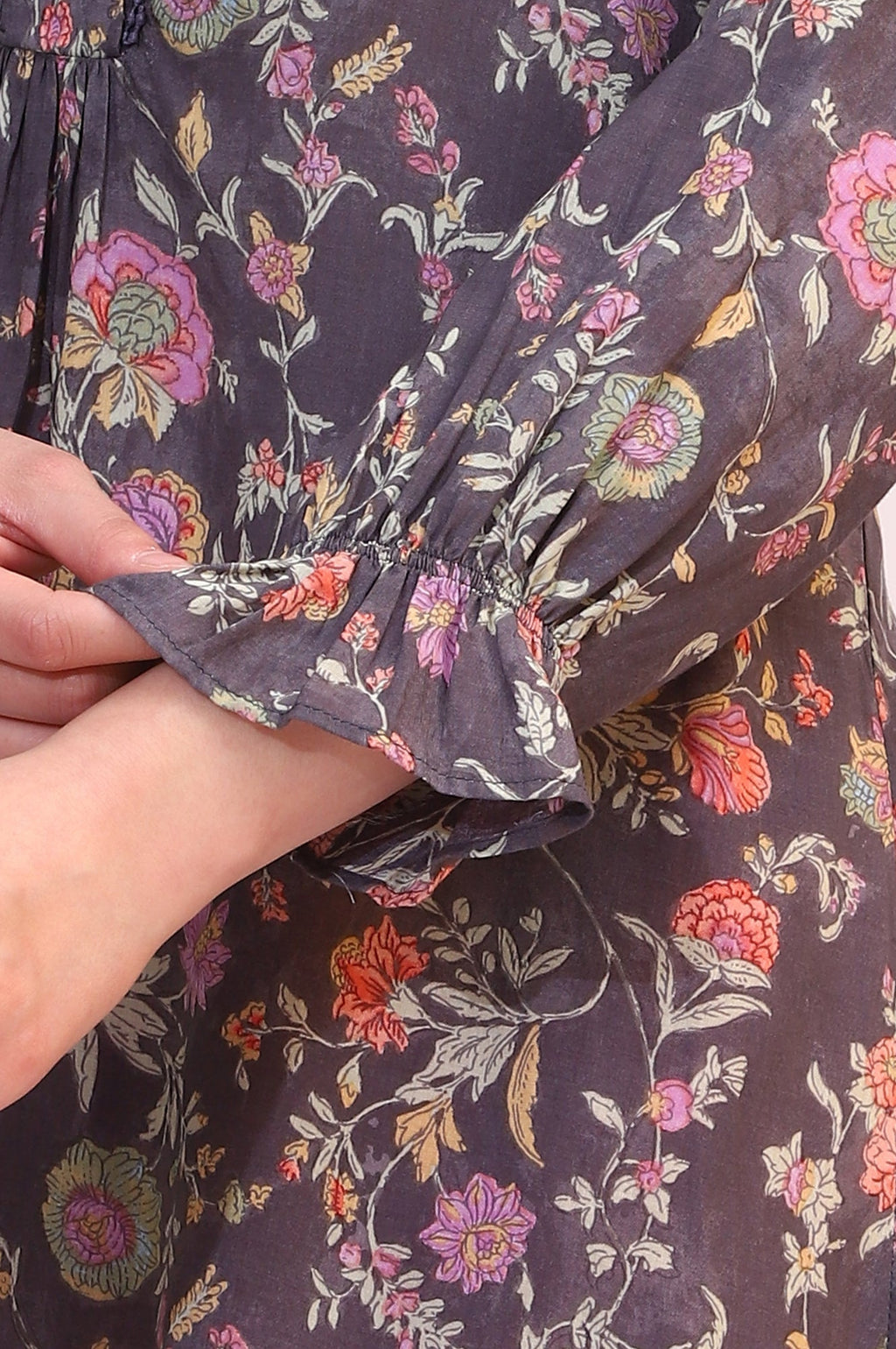 W for Woman Slate Grey Floral Printed Modal Relaxed Fit Top | Grocsy