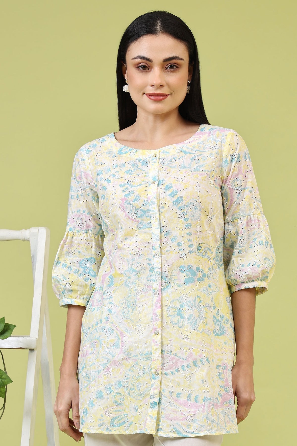 W for Woman Light Yellow Floral Printed Schiffli Embroidered Fusion Top | Grocsy