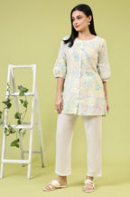 W for Woman Light Yellow Floral Printed Schiffli Embroidered Fusion Top | Grocsy