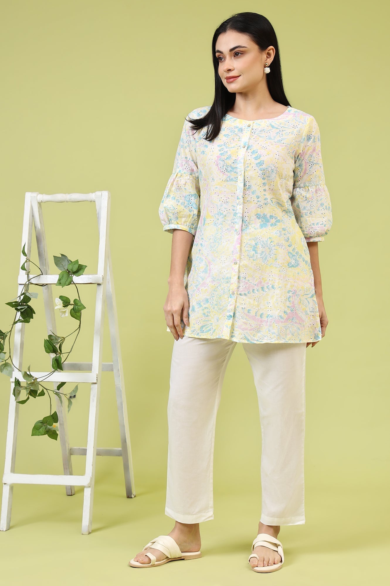 W for Woman Light Yellow Floral Printed Schiffli Embroidered Fusion Top | Grocsy