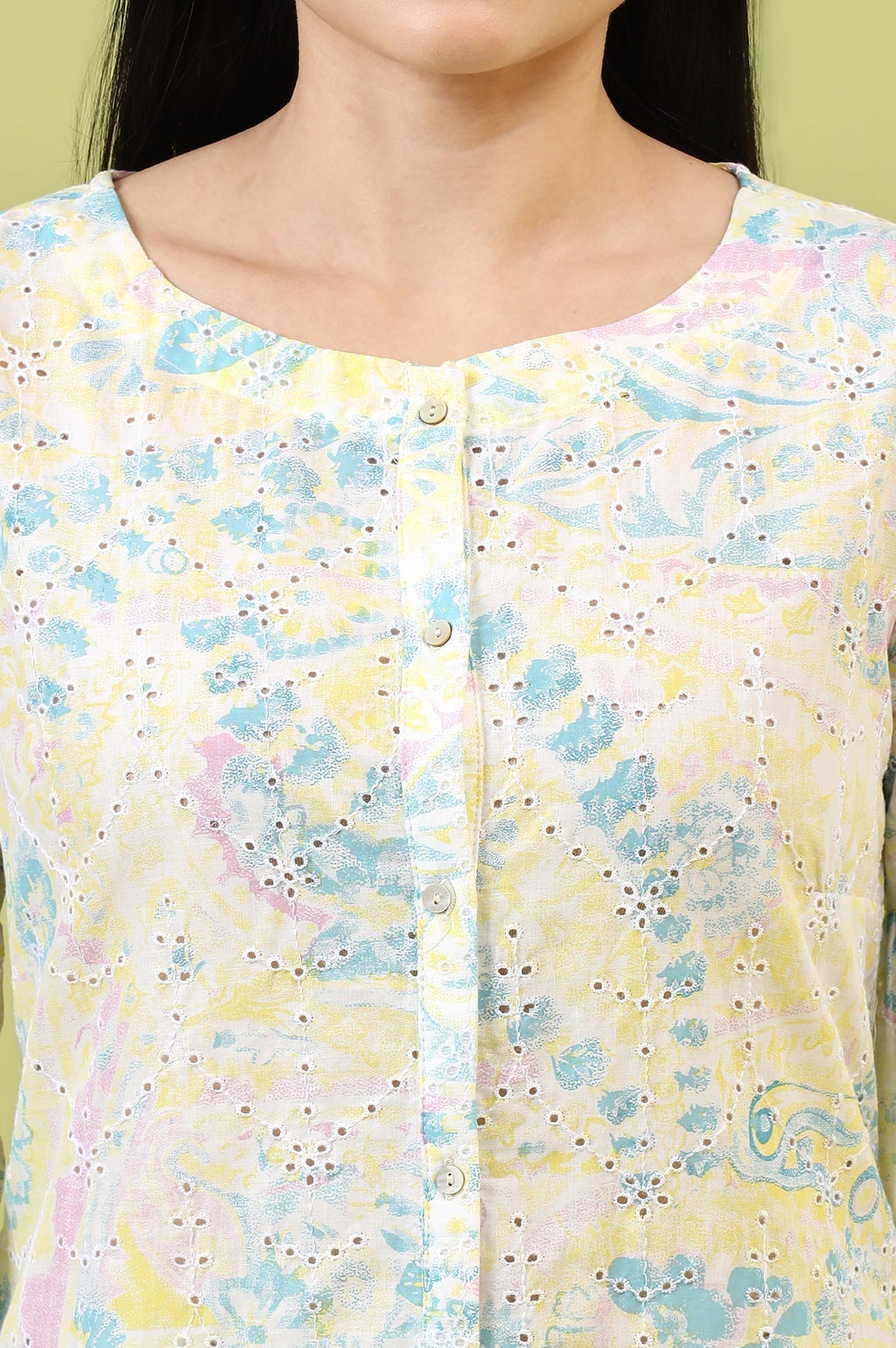 W for Woman Light Yellow Floral Printed Schiffli Embroidered Fusion Top | Grocsy