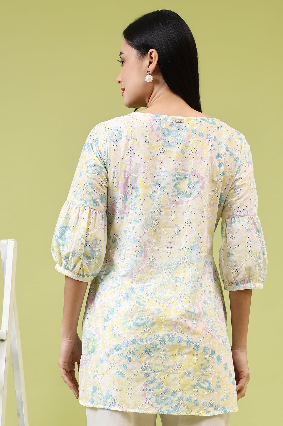 W for Woman Light Yellow Floral Printed Schiffli Embroidered Fusion Top | Grocsy