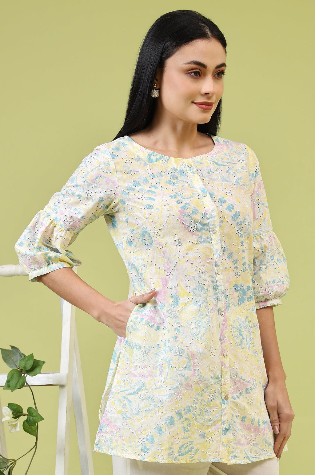 W for Woman Light Yellow Floral Printed Schiffli Embroidered Fusion Top | Grocsy