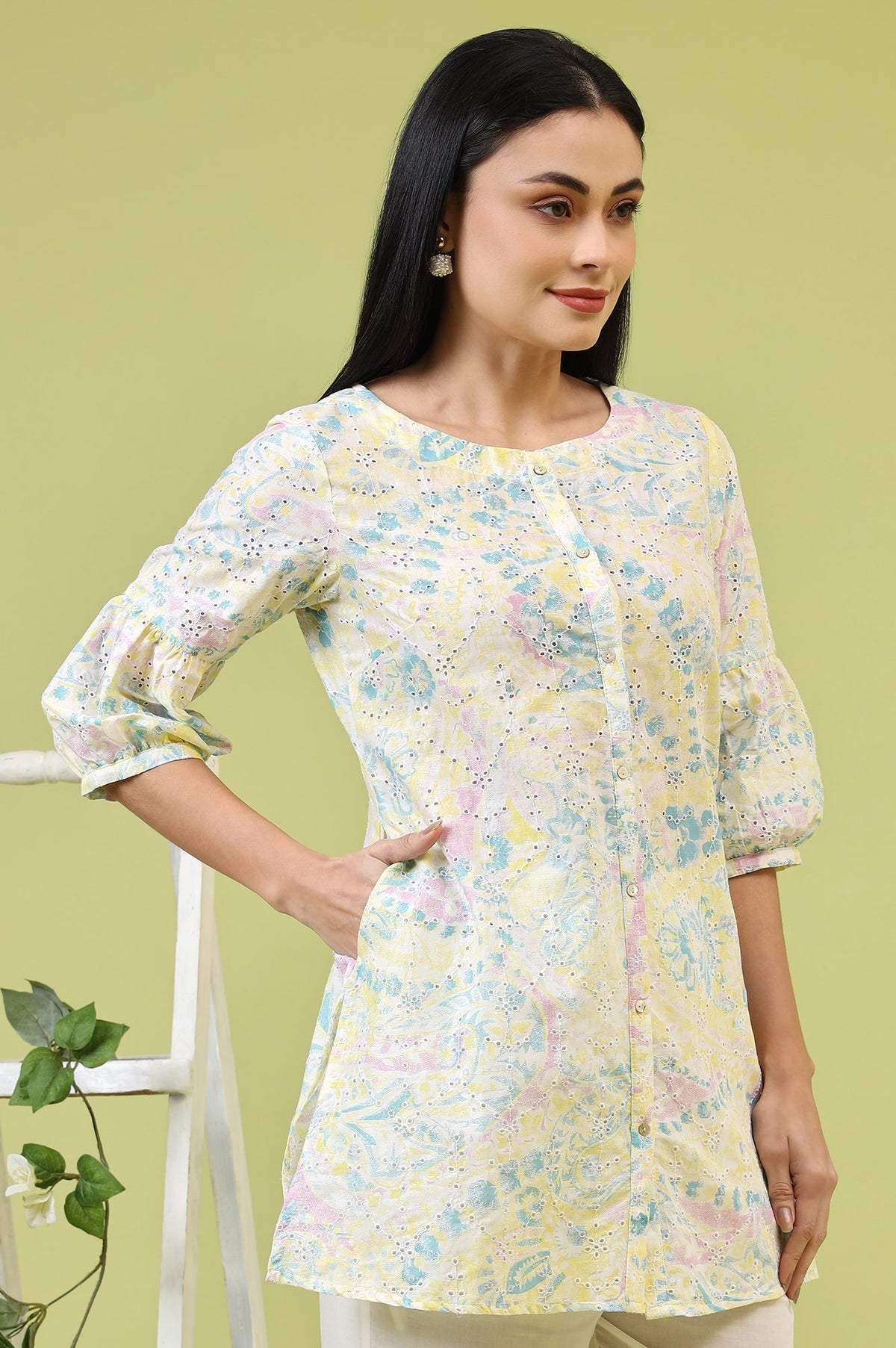 W for Woman Light Yellow Floral Printed Schiffli Embroidered Fusion Top | Grocsy