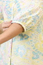 W for Woman Light Yellow Floral Printed Schiffli Embroidered Fusion Top | Grocsy