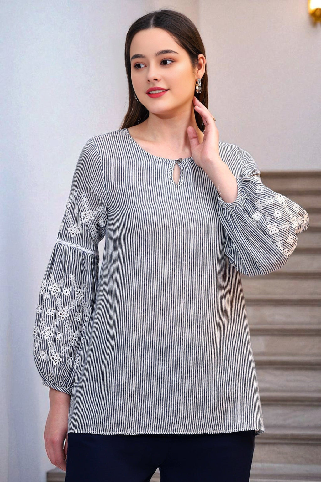 W for Woman Navy and White Yarn Dyed Striped Top with Schiffli Embroidery At Sleeves | Grocsy