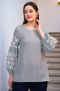 W for Woman Navy and White Yarn Dyed Striped Top with Schiffli Embroidery At Sleeves | Grocsy