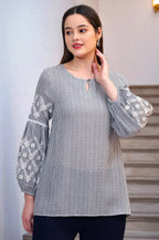 W for Woman Navy and White Yarn Dyed Striped Top with Schiffli Embroidery At Sleeves | Grocsy