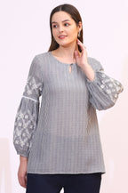 W for Woman Navy and White Yarn Dyed Striped Top with Schiffli Embroidery At Sleeves | Grocsy