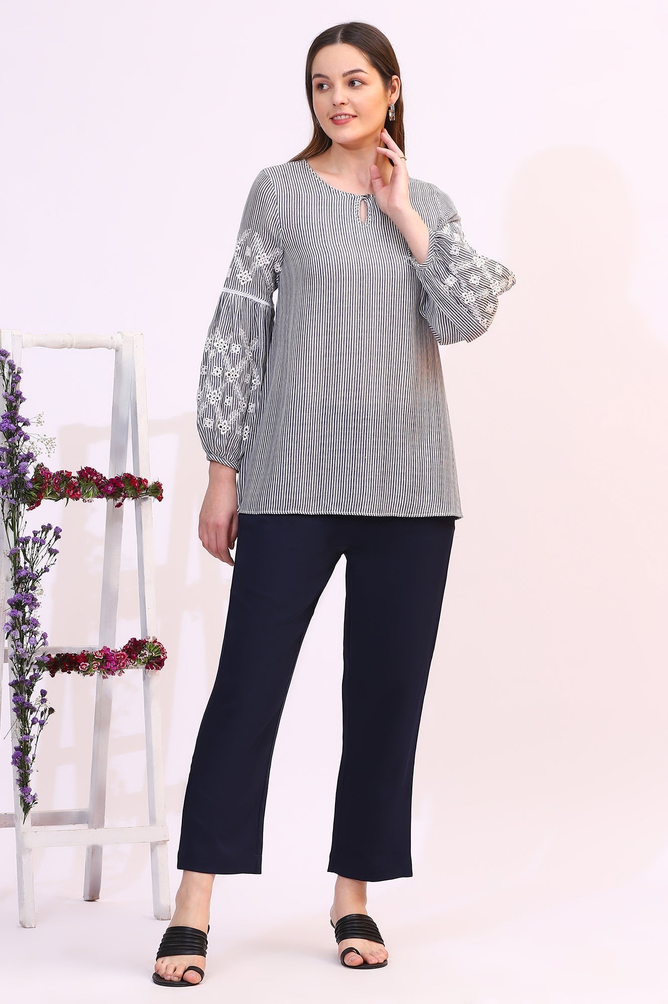 W for Woman Navy and White Yarn Dyed Striped Top with Schiffli Embroidery At Sleeves | Grocsy