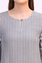 W for Woman Navy and White Yarn Dyed Striped Top with Schiffli Embroidery At Sleeves | Grocsy