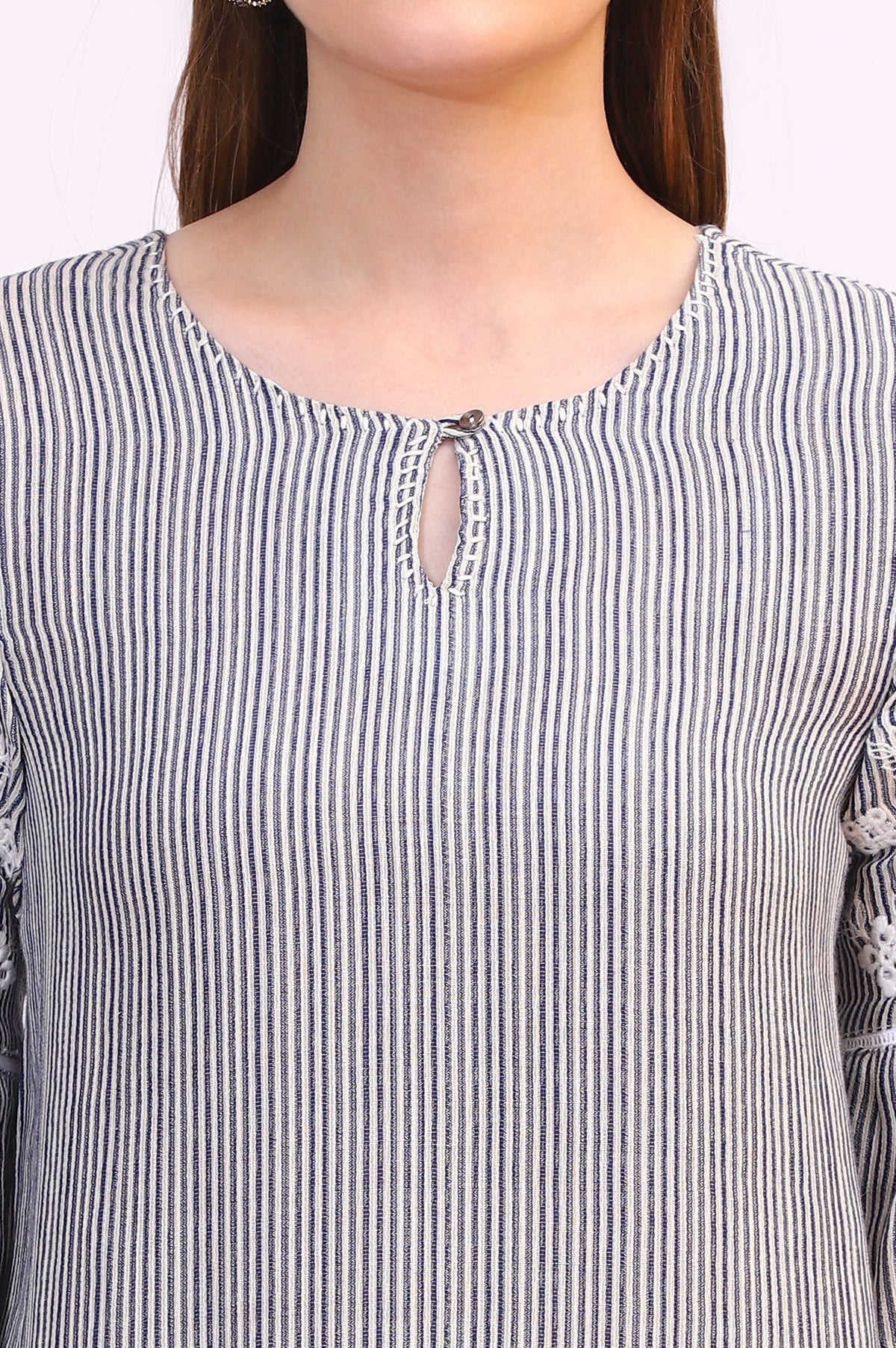 W for Woman Navy and White Yarn Dyed Striped Top with Schiffli Embroidery At Sleeves | Grocsy